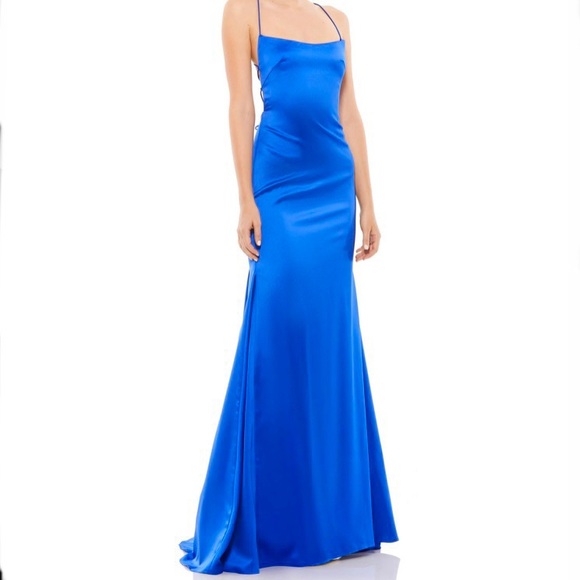 Ieena by Mac Duggal Blue Satin Slip Prom Dress Pageant Formal Gown Size 12 - Picture 3 of 10